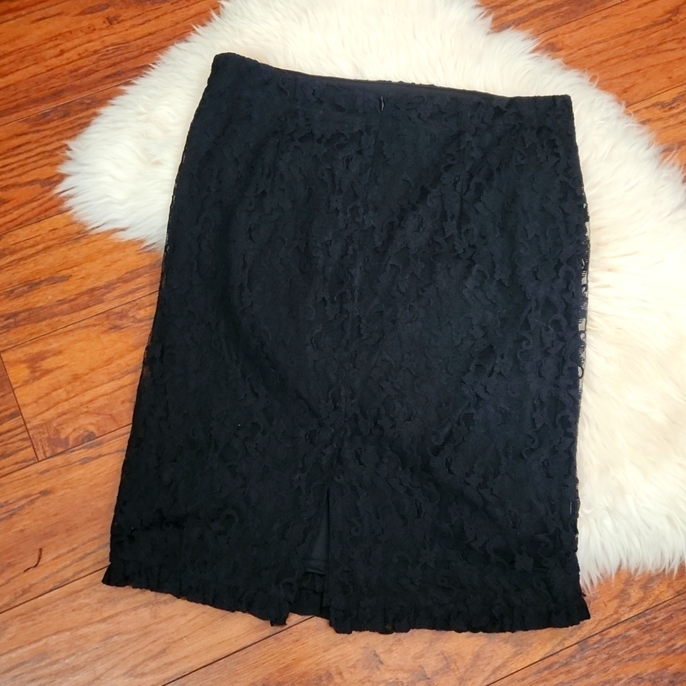 Y2K Lace Overlay Midi Black Pencil Skirt - Picture 2 of 4